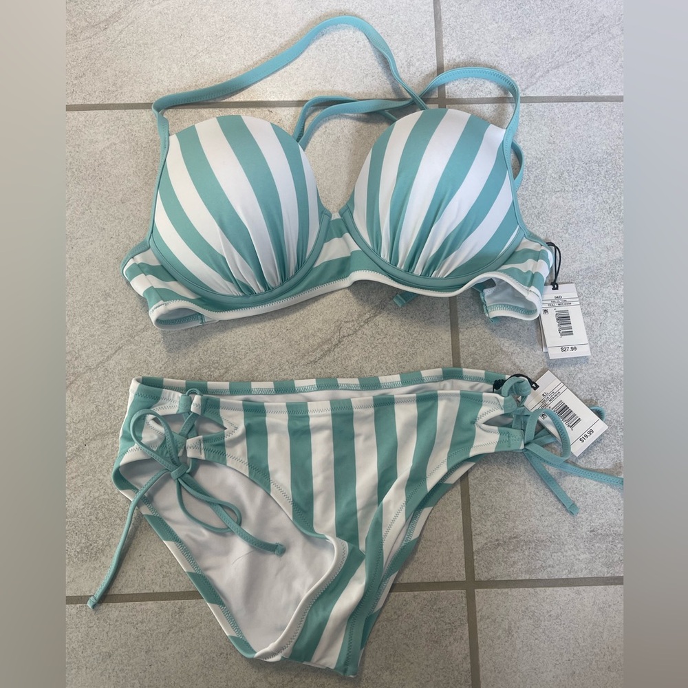 Shade & Shore Green and White Striped Bikini
